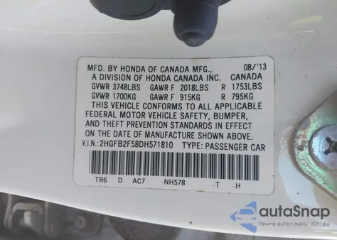 2013 Honda Civic Lx z USA, uszkodzony, nr VIN 2HGFB2F58DH571810